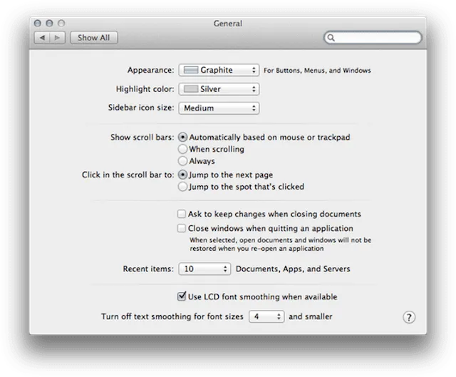 Screenshot of macOS text smoothing setting dialog.